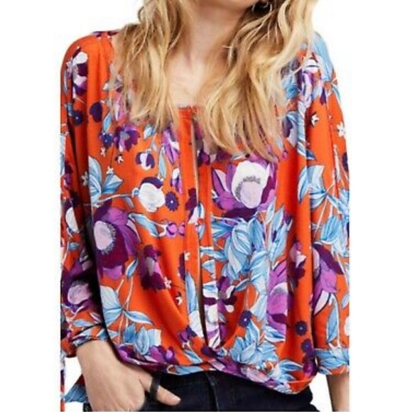 Free People Orange Jersey Keepin On Stretch Floral High Low Drapey Blouse - Picture 2 of 11
